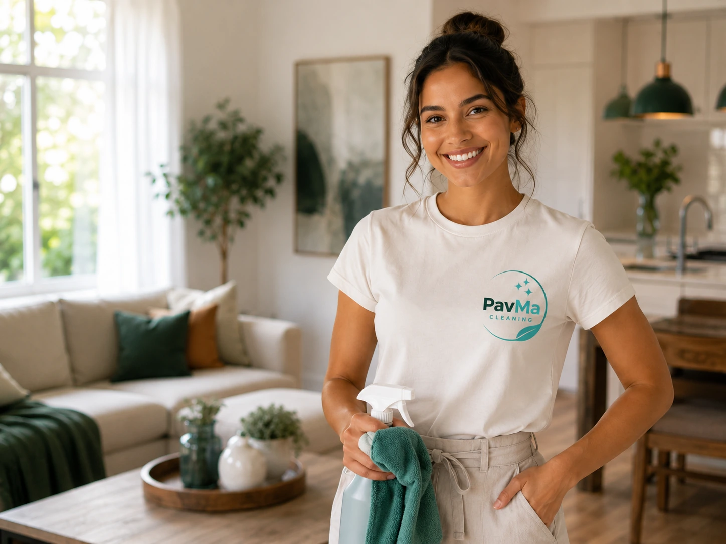 PavMa Cleaning professional in branded uniform in a bright home